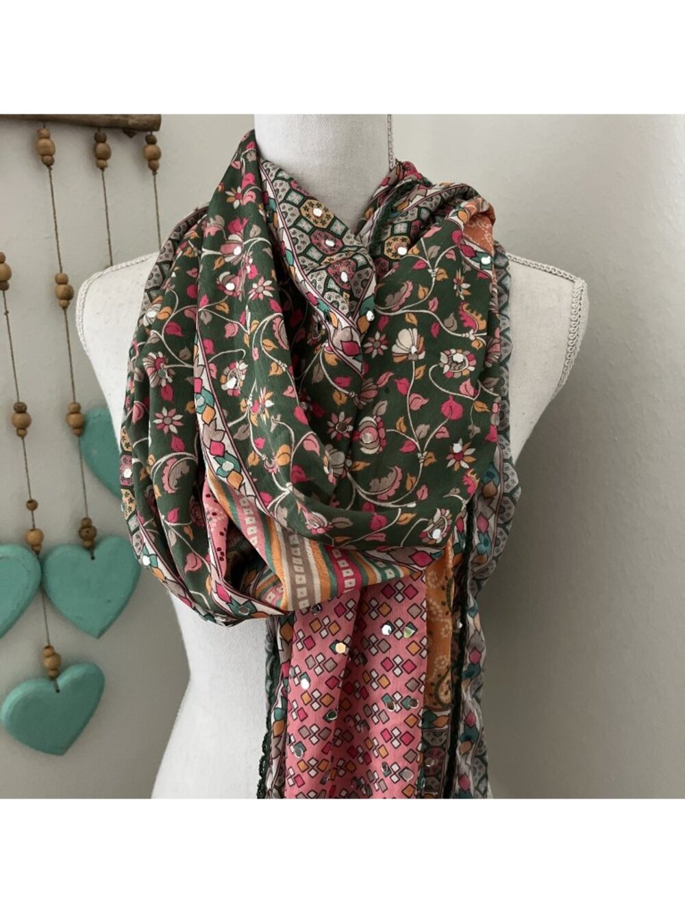 Gorgeous sage green pink mirror embroidered scarf 32x82 boho bohemian gypsy